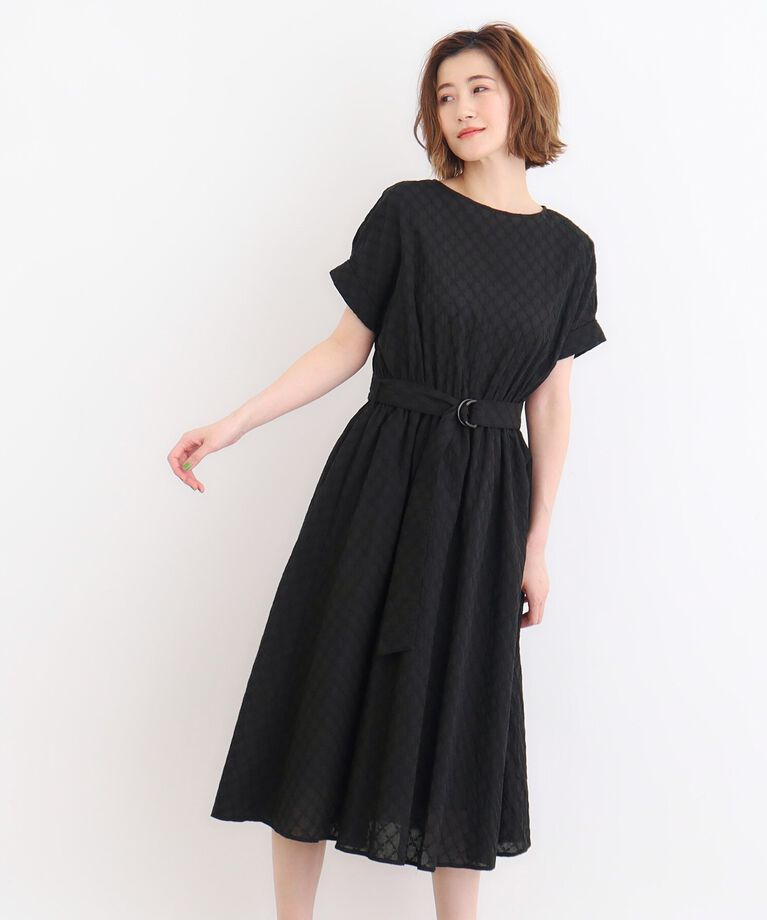 grove「幾何小花刺繍レースベルト付きワンピース」|ワンピース|ﾌﾞﾗｯｸ(019)