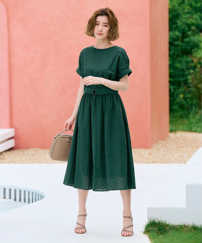 grove「幾何小花刺繍レースベルト付きワンピース」|ワンピース|