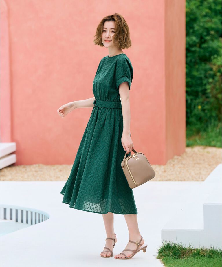 grove「幾何小花刺繍レースベルト付きワンピース」|ワンピース|ｸﾞﾘｰﾝ(024)