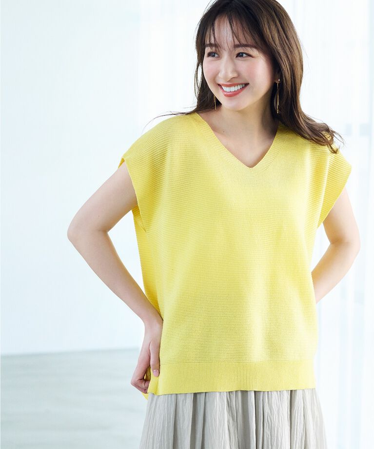 OPAQUE.CLIP「≪5color/S-LLsize≫ドライタッチガーターVネックフレンチニット【UVケア/抗ピル/洗濯機洗い可】」|ニット・セーター|ｲｴﾛｰ(031)