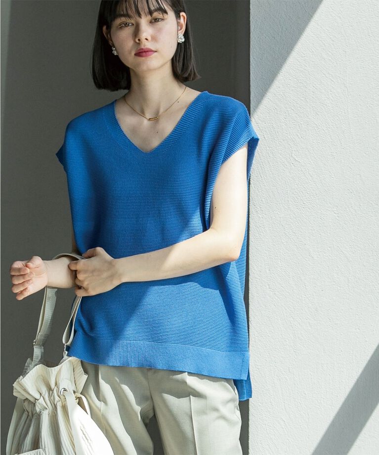 OPAQUE.CLIP「≪5color/S-LLsize≫ドライタッチガーターVネックフレンチニット【UVケア/抗ピル/洗濯機洗い可】」|ニット・セーター|ﾌﾞﾙｰ(093)