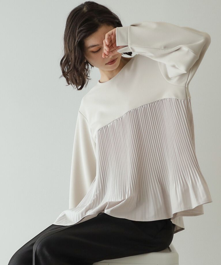 OPAQUE.CLIP「ブリーツドッキング デザイントップス【洗濯機洗い可】」|Tシャツ・カットソー|グレージュ(050)