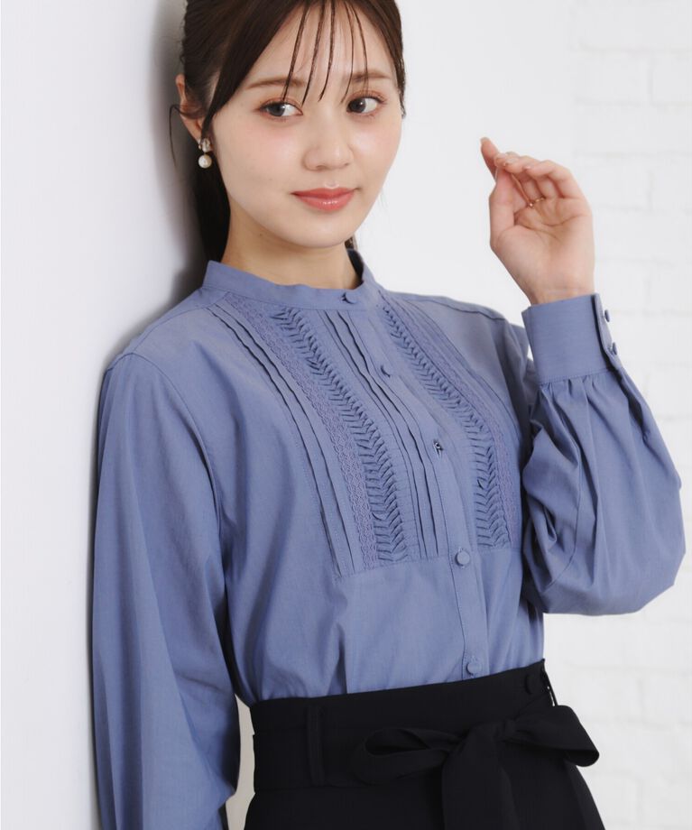 Couture broach「【きれいめ・通勤】ランダムタックレースシャツ」|シャツ・ブラウス|ブルー(092)