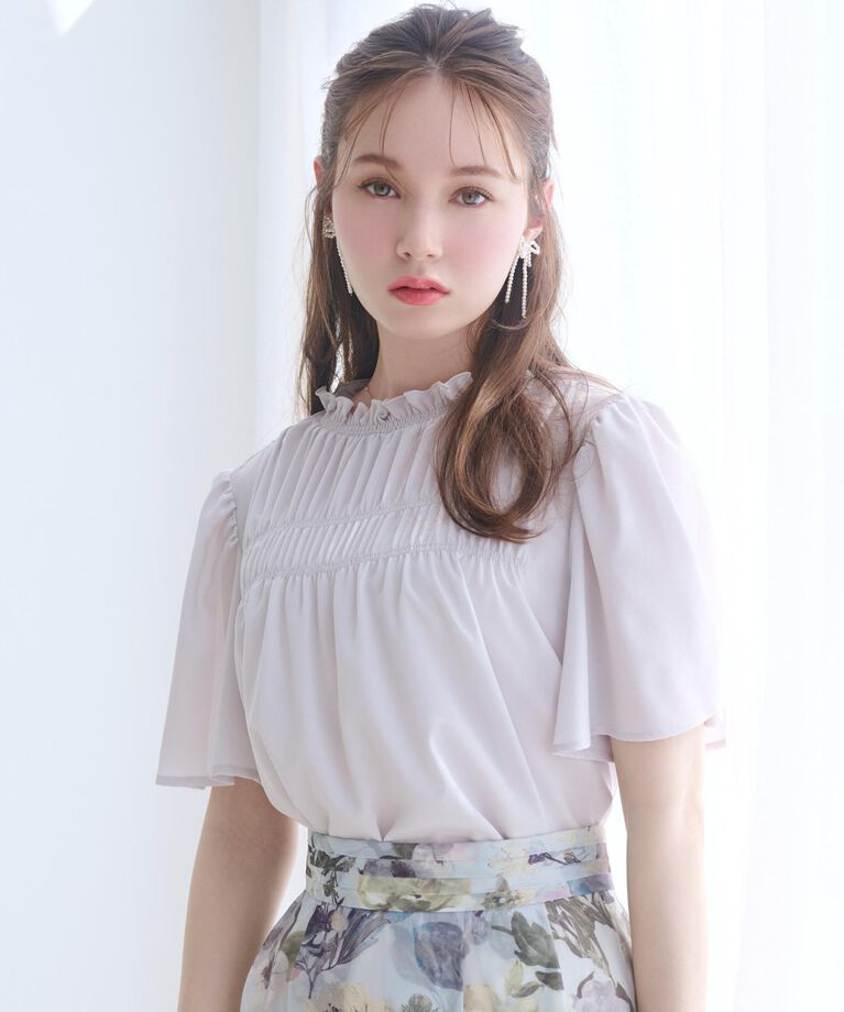 Couture broach「【二の腕カバー・通勤】シャーリングシアーブラウス」|シャツ・ブラウス|ライトグレー(011
