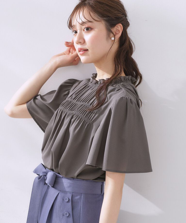 Couture broach「【二の腕カバー・通勤】シャーリングシアーブラウス」|シャツ・ブラウス|チャコールグレー(0