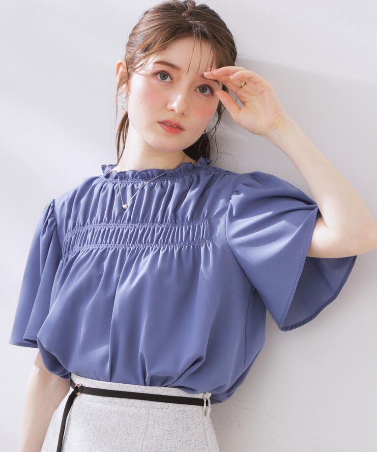 Couture broach「【二の腕カバー・通勤】シャーリングシアーブラウス」|シャツ・ブラウス|ブルー(092)