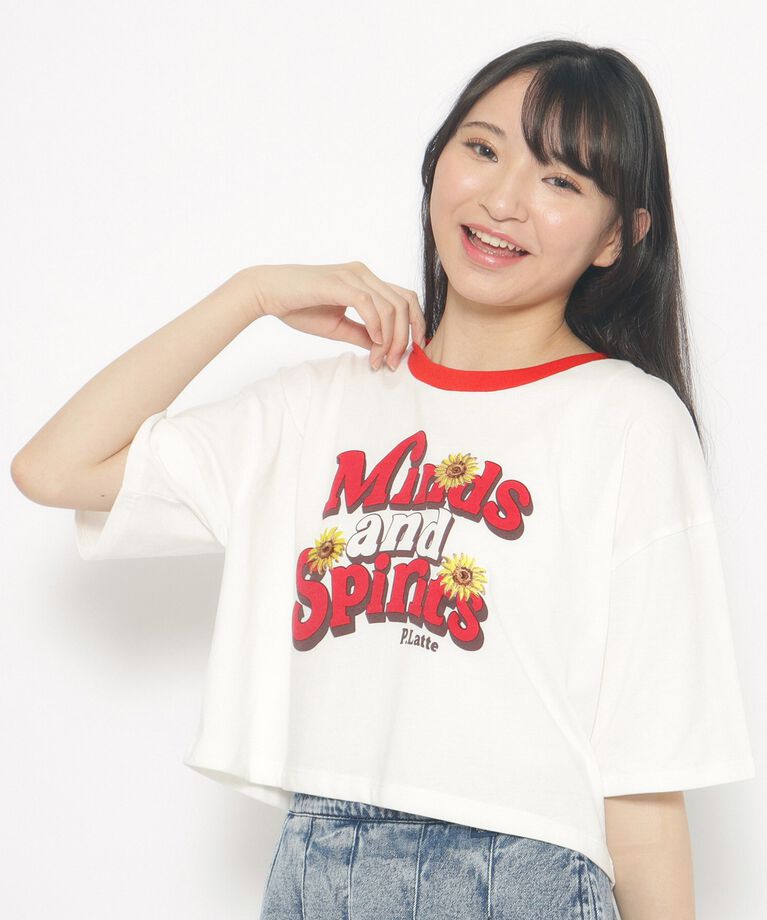 PINK-latte「ひまわりプリント　リンガーTシャツ」|Tシャツ・カットソー|ﾎﾜｲﾄ×ﾚｯﾄﾞ(063)