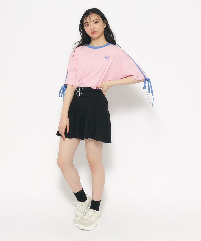 PINK-latte「【スクールコーデ】袖ラインリボンTシャツ」|Tシャツ・カットソー|