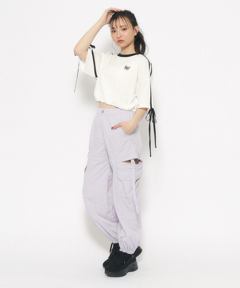 PINK-latte「【スクールコーデ】袖ラインリボンTシャツ」|Tシャツ・カットソー|