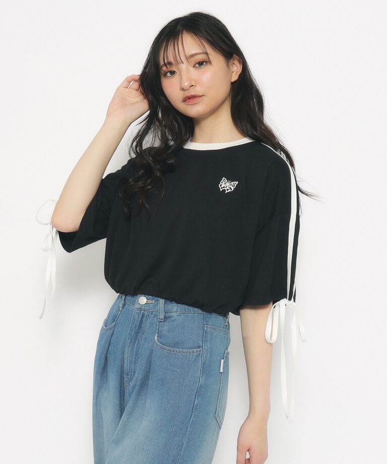 PINK-latte「【スクールコーデ】袖ラインリボンTシャツ」|Tシャツ・カットソー|