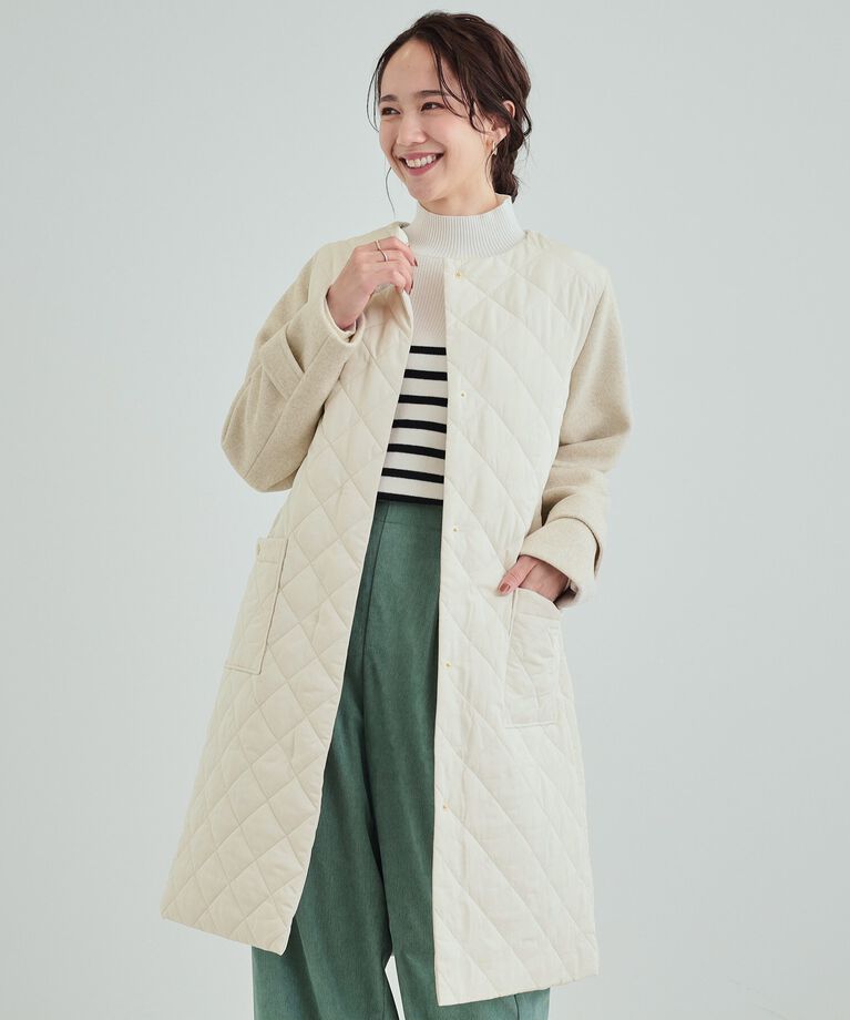 SHOO･LA･RUE「【吸湿発熱】すっきり上品に女性らしく お袖フェイクウール キルトコート」|ノーカラーコート|ｵﾌﾎﾜｲﾄ(003)