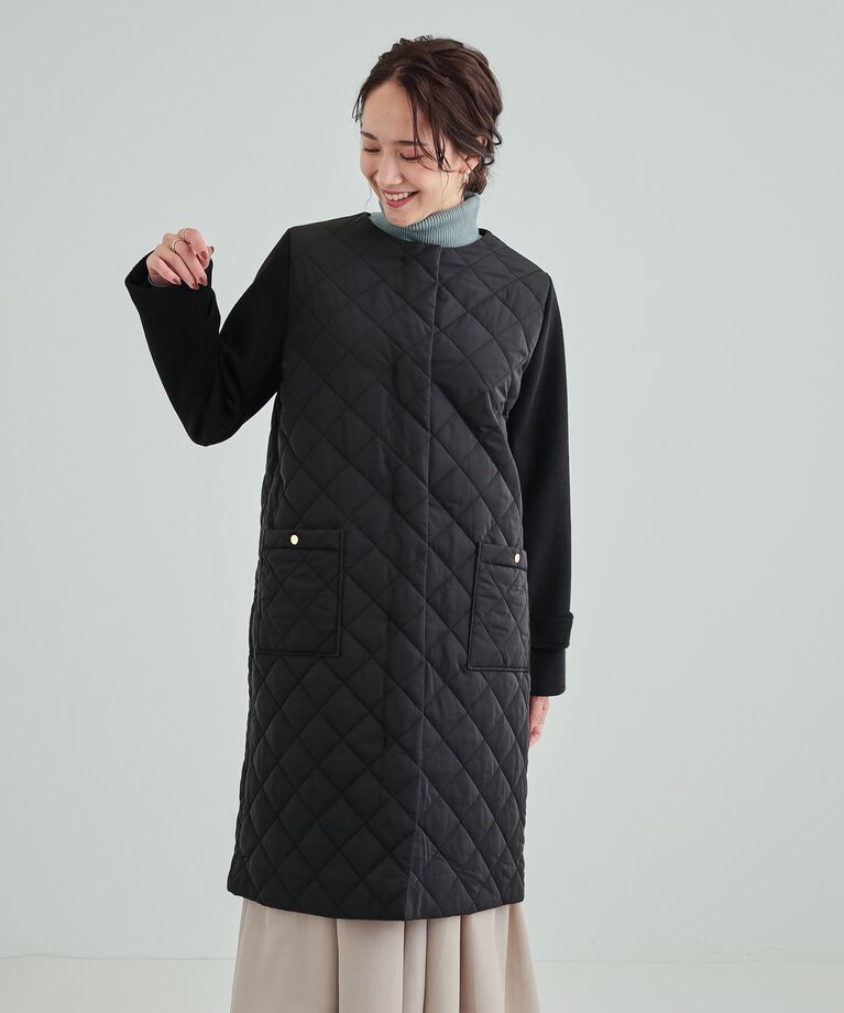 SHOO･LA･RUE「【吸湿発熱】すっきり上品に女性らしく お袖フェイクウール キルトコート」|ノーカラーコート|