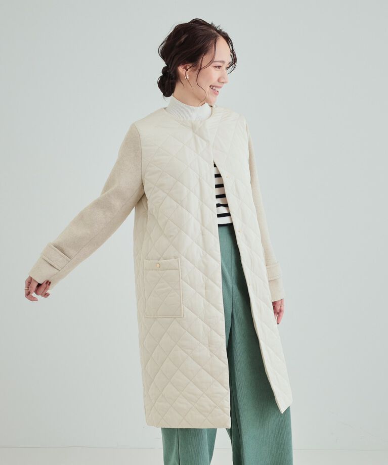 SHOO･LA･RUE「【吸湿発熱】すっきり上品に女性らしく お袖フェイクウール キルトコート」|ノーカラーコート|