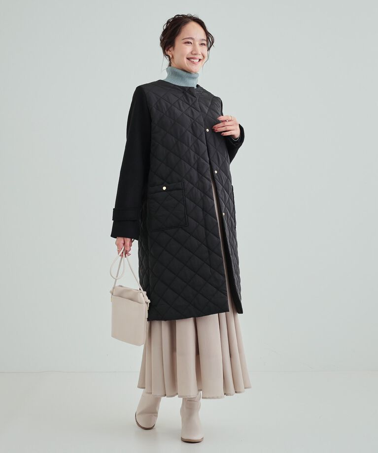 SHOO･LA･RUE「【吸湿発熱】すっきり上品に女性らしく お袖フェイクウール キルトコート」|ノーカラーコート|
