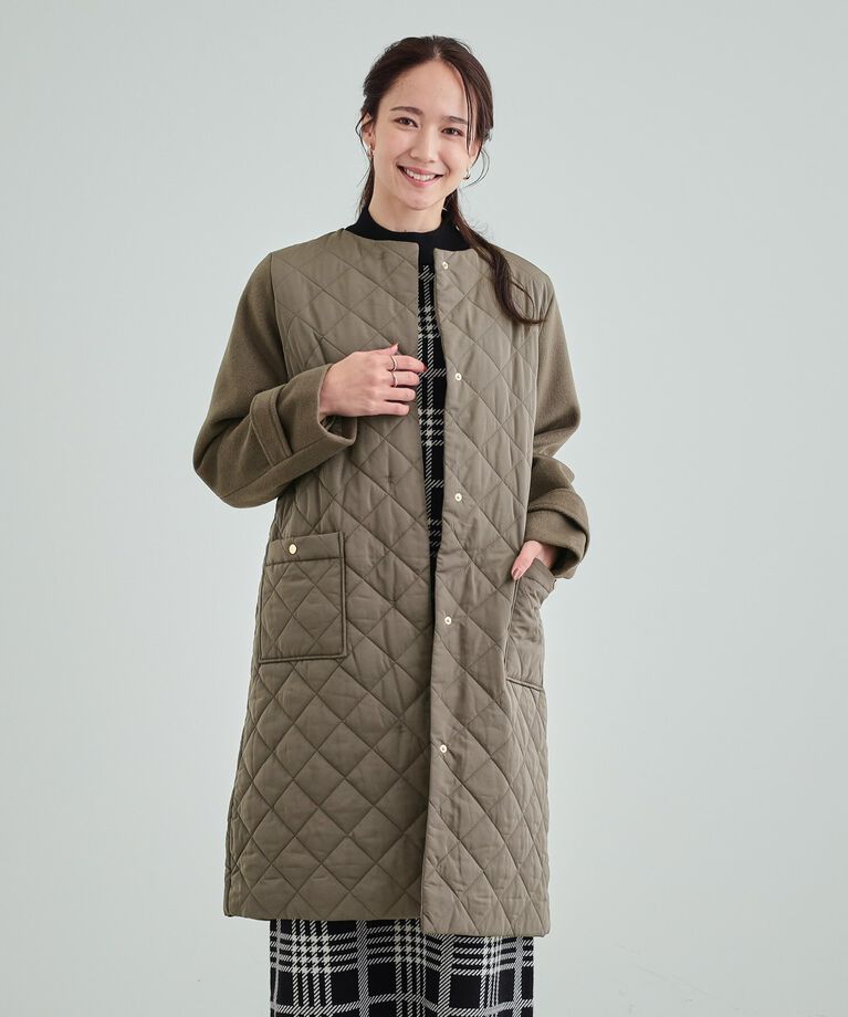SHOO･LA･RUE「【吸湿発熱】すっきり上品に女性らしく お袖フェイクウール キルトコート」|ノーカラーコート|