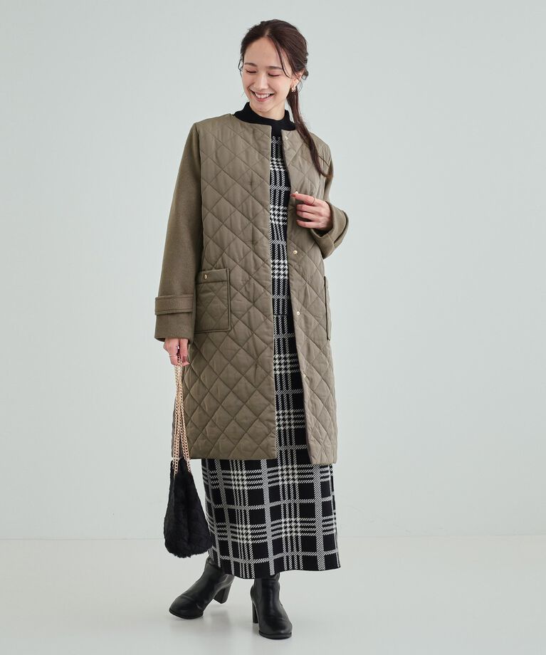 SHOO･LA･RUE「【吸湿発熱】すっきり上品に女性らしく お袖フェイクウール キルトコート」|ノーカラーコート|