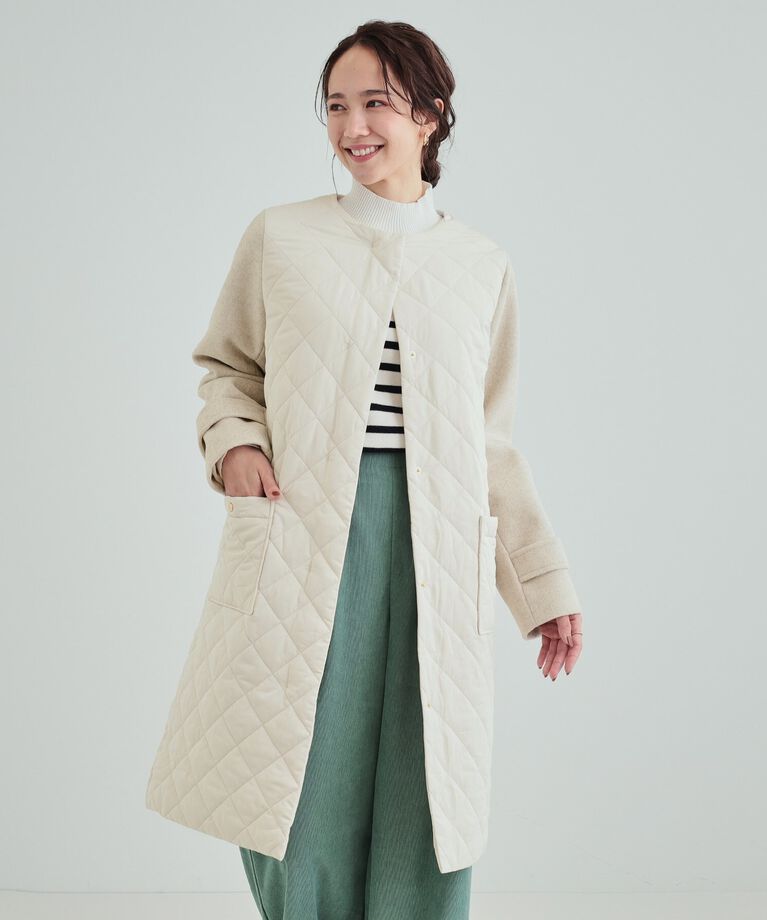 SHOO･LA･RUE「【吸湿発熱】すっきり上品に女性らしく お袖フェイクウール キルトコート」|ノーカラーコート|