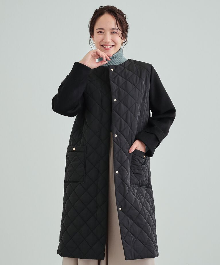 SHOO･LA･RUE「【吸湿発熱】すっきり上品に女性らしく お袖フェイクウール キルトコート」|ノーカラーコート|ﾌﾞﾗｯｸ(019)