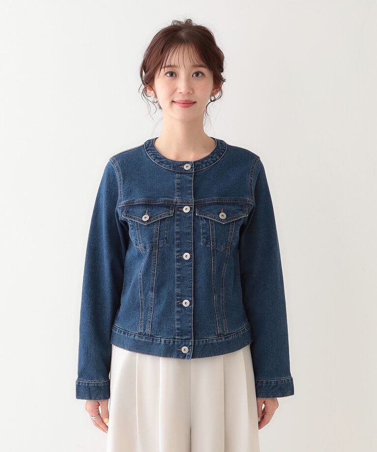 SHOO･LA･RUE「【S-LL】大人のための ノーカラーデニムジャケット」|デニムジャケット|