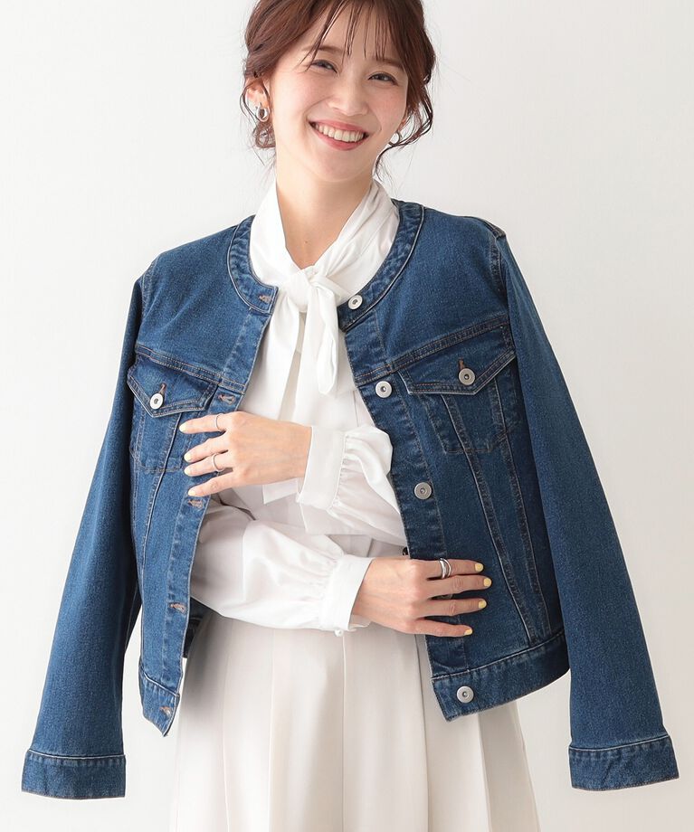 SHOO･LA･RUE「【S-LL】大人のための ノーカラーデニムジャケット」|デニムジャケット|ブルー(093)