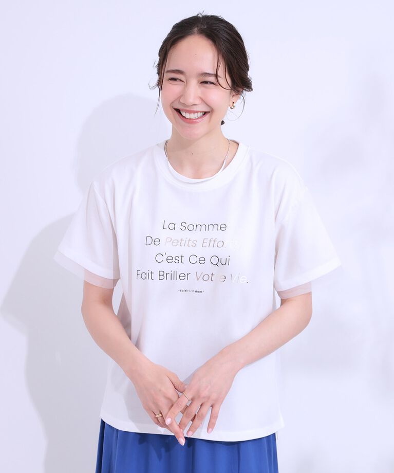 SHOO･LA･RUE「【S-LL/接触冷感/UVカット】選べる3柄 お袖チュールで差をつける ロゴプリントTシャツ」|Tシャツ・カットソー|