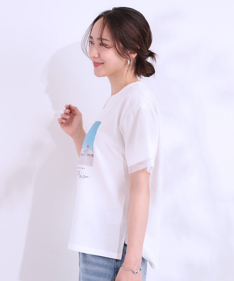 SHOO･LA･RUE「【S-LL/接触冷感/UVカット】選べる3柄 お袖チュールで差をつける ロゴプリントTシャツ」|Tシャツ・カットソー|