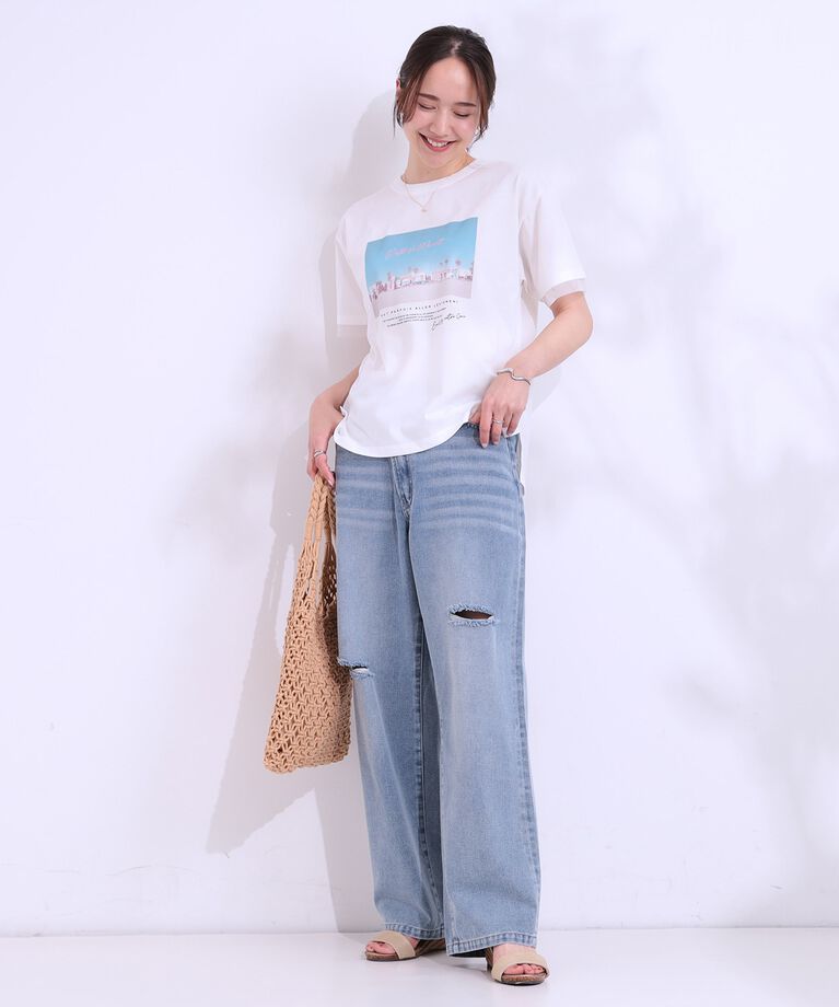 SHOO･LA･RUE「【S-LL/接触冷感/UVカット】選べる3柄 お袖チュールで差をつける ロゴプリントTシャツ」|Tシャツ・カットソー|