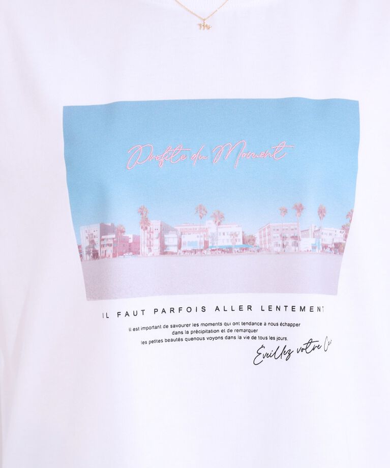 SHOO･LA･RUE「【S-LL/接触冷感/UVカット】選べる3柄 お袖チュールで差をつける ロゴプリントTシャツ」|Tシャツ・カットソー|