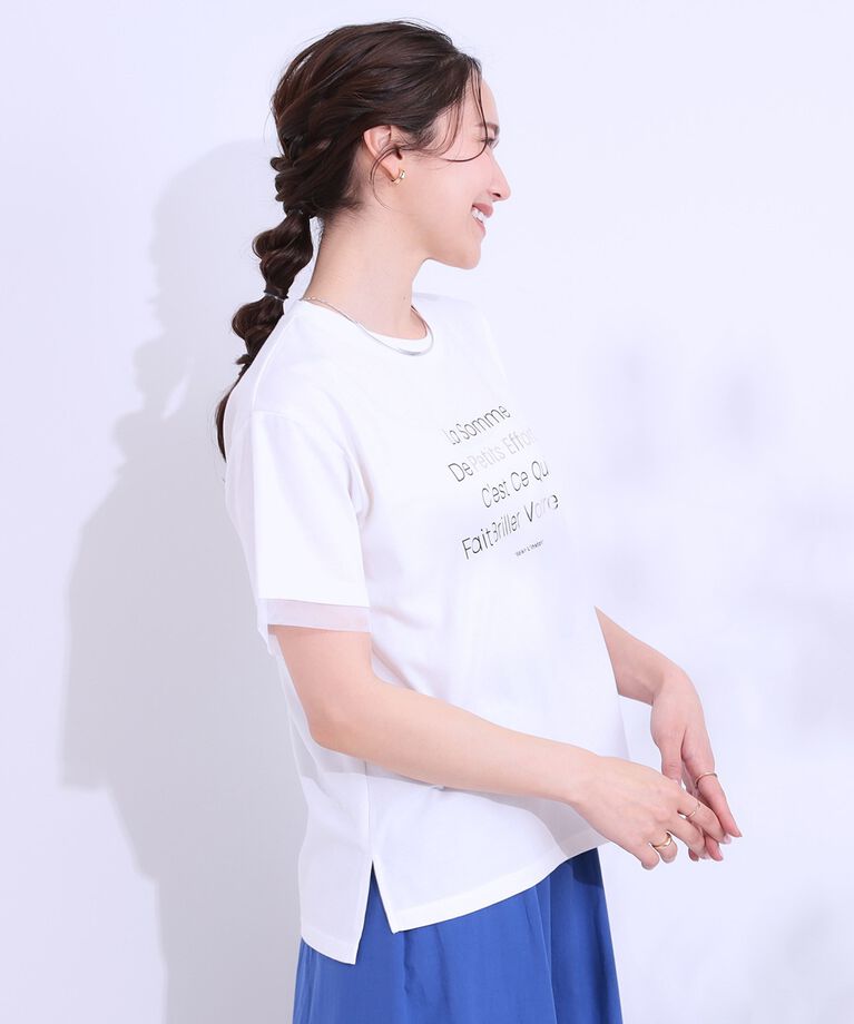 SHOO･LA･RUE「【S-LL/接触冷感/UVカット】選べる3柄 お袖チュールで差をつける ロゴプリントTシャツ」|Tシャツ・カットソー|