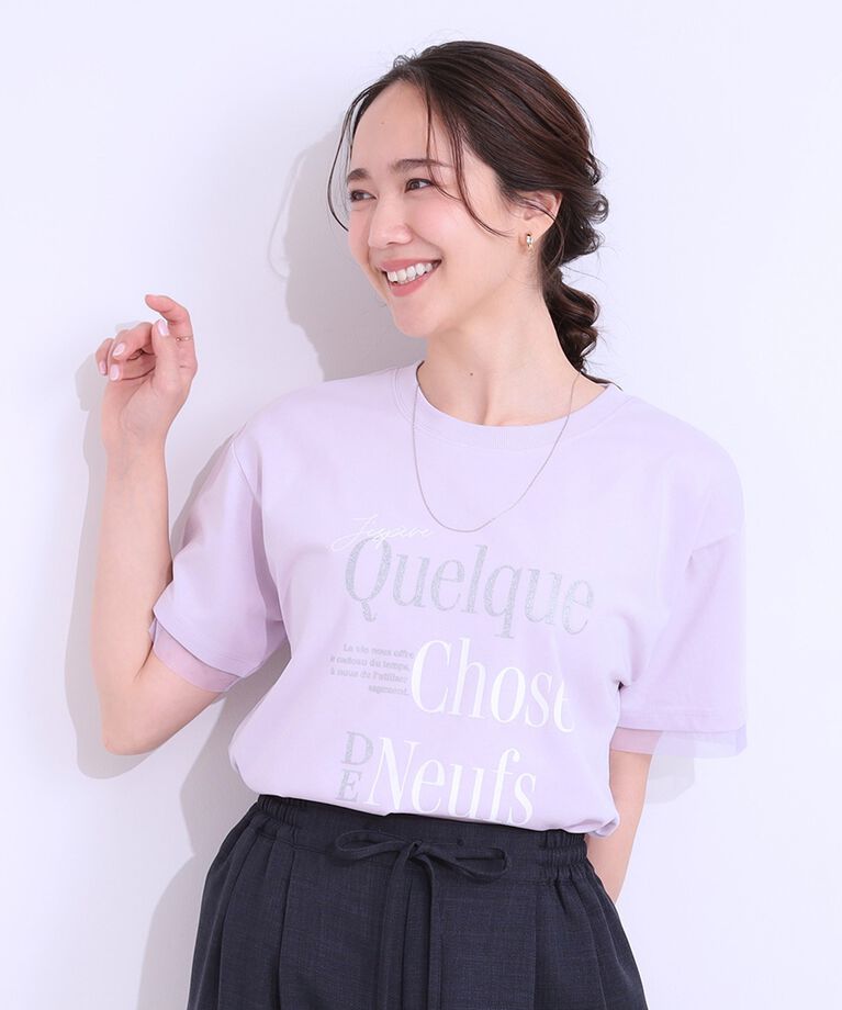 SHOO･LA･RUE「【S-LL/接触冷感/UVカット】選べる3柄 お袖チュールで差をつける ロゴプリントTシャツ」|Tシャツ・カットソー|