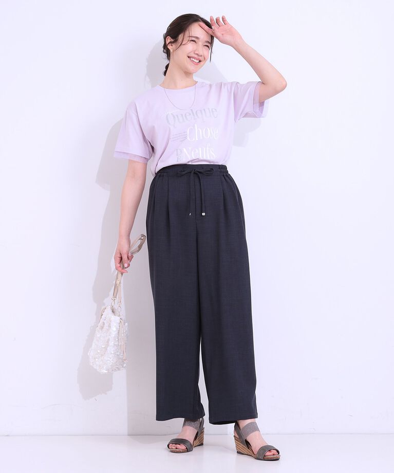 SHOO･LA･RUE「【S-LL/接触冷感/UVカット】選べる3柄 お袖チュールで差をつける ロゴプリントTシャツ」|Tシャツ・カットソー|