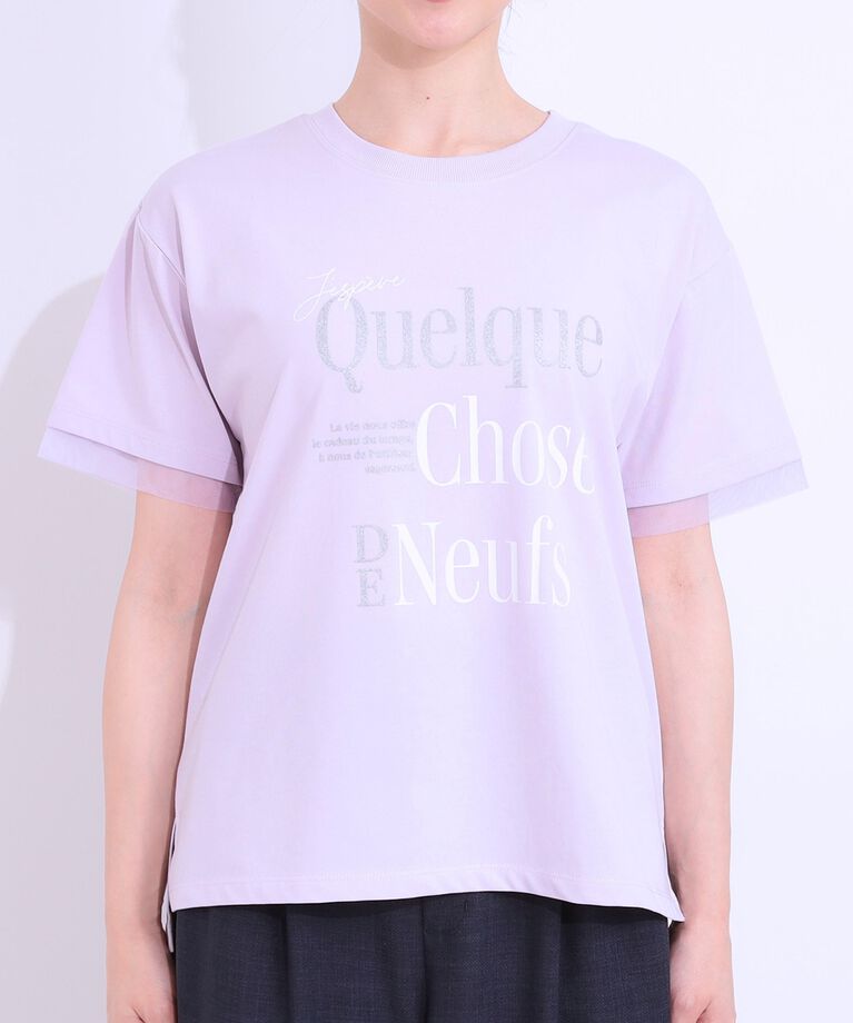 SHOO･LA･RUE「【S-LL/接触冷感/UVカット】選べる3柄 お袖チュールで差をつける ロゴプリントTシャツ」|Tシャツ・カットソー|