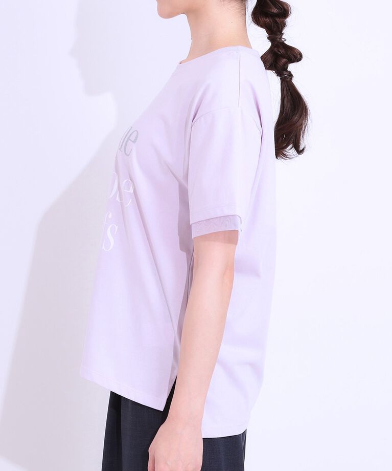 SHOO･LA･RUE「【S-LL/接触冷感/UVカット】選べる3柄 お袖チュールで差をつける ロゴプリントTシャツ」|Tシャツ・カットソー|