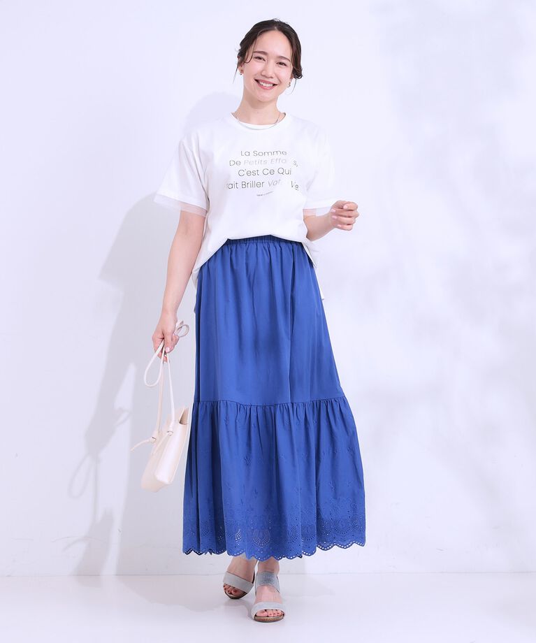 SHOO･LA･RUE「【S-LL/接触冷感/UVカット】選べる3柄 お袖チュールで差をつける ロゴプリントTシャツ」|Tシャツ・カットソー|