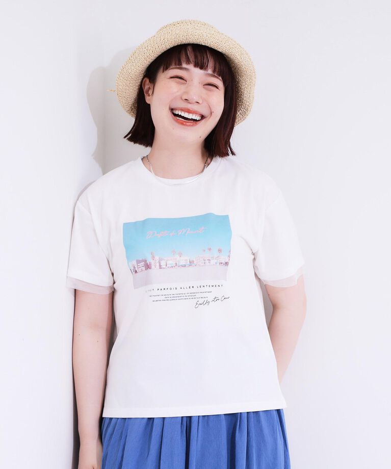 SHOO･LA･RUE「【S-LL/接触冷感/UVカット】選べる3柄 お袖チュールで差をつける ロゴプリントTシャツ」|Tシャツ・カットソー|