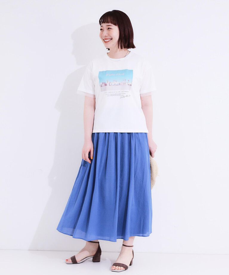 SHOO･LA･RUE「【S-LL/接触冷感/UVカット】選べる3柄 お袖チュールで差をつける ロゴプリントTシャツ」|Tシャツ・カットソー|