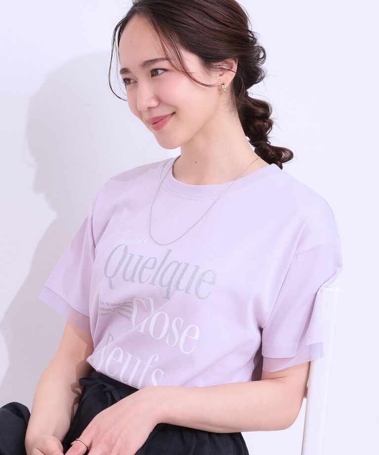 SHOO･LA･RUE「【S-LL/接触冷感/UVカット】選べる3柄 お袖チュールで差をつける ロゴプリントTシャツ」|Tシャツ・カットソー|ラベンダー(180)