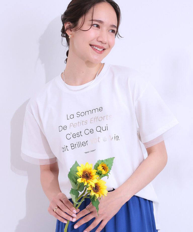SHOO･LA･RUE「【S-LL/接触冷感/UVカット】選べる3柄 お袖チュールで差をつける ロゴプリントTシャツ」|Tシャツ・カットソー|オフホワイト(503