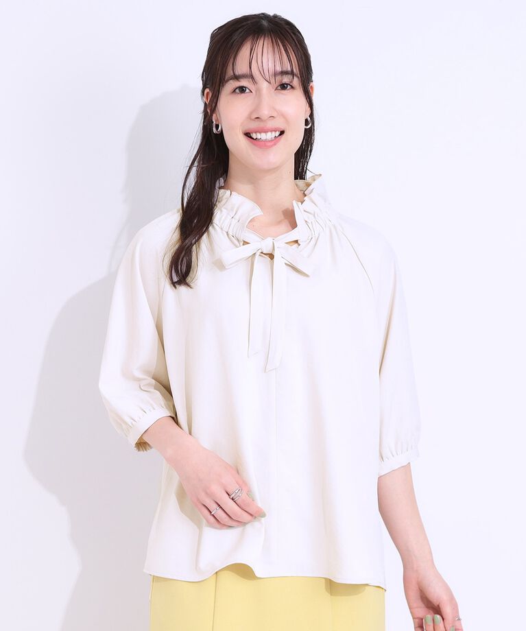 SHOO･LA･RUE「【洗える/接触冷感/S-LL】フェミニンもクールも フリルリボン5分袖ブラウス」|シャツ・ブラウス|