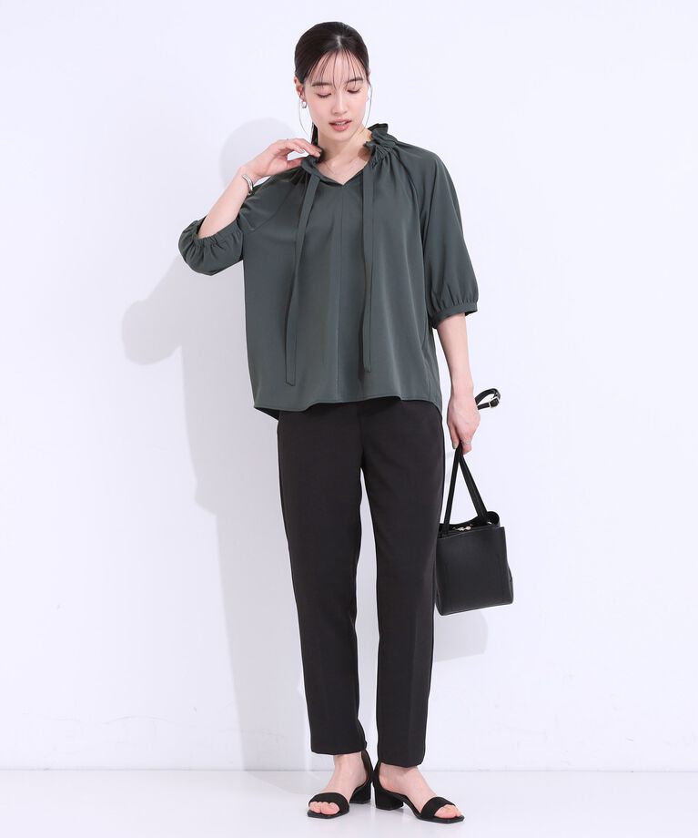 SHOO･LA･RUE「【洗える/接触冷感/S-LL】フェミニンもクールも フリルリボン5分袖ブラウス」|シャツ・ブラウス|