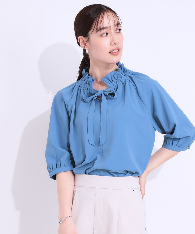 SHOO･LA･RUE「【洗える/接触冷感/S-LL】フェミニンもクールも フリルリボン5分袖ブラウス」|シャツ・ブラウス|