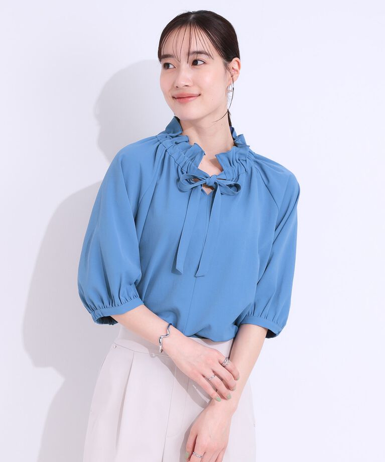 SHOO･LA･RUE「【洗える/接触冷感/S-LL】フェミニンもクールも フリルリボン5分袖ブラウス」|シャツ・ブラウス|