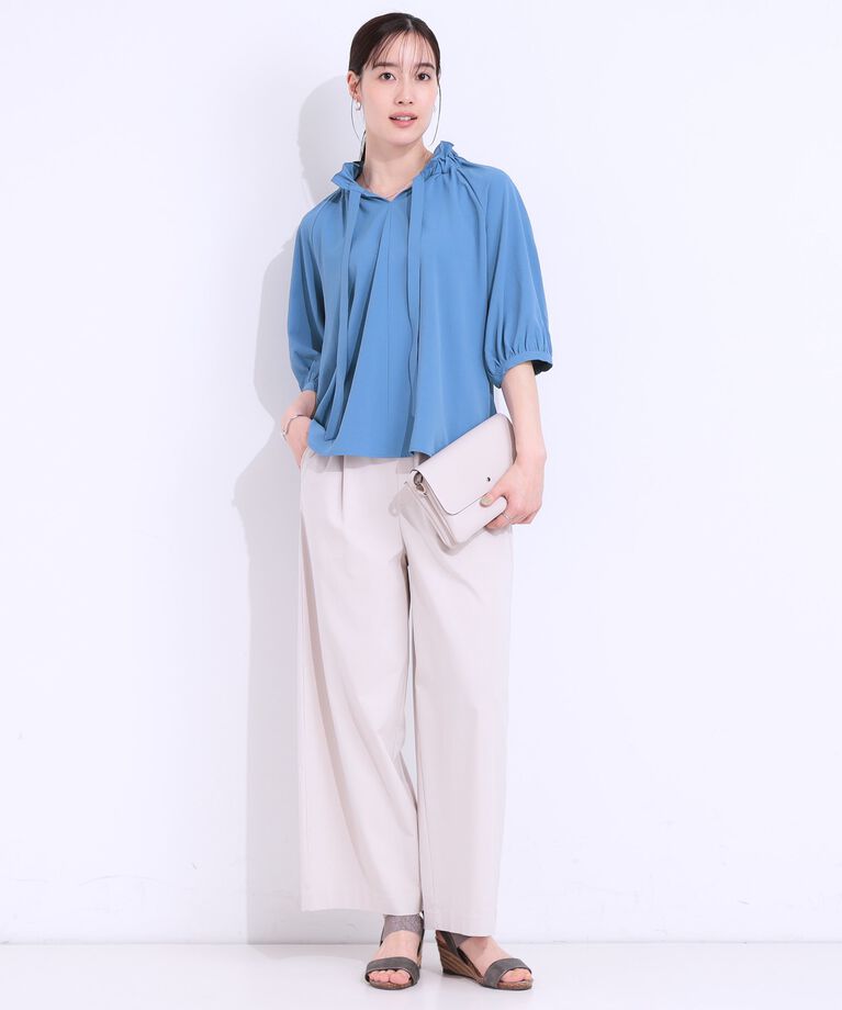 SHOO･LA･RUE「【洗える/接触冷感/S-LL】フェミニンもクールも フリルリボン5分袖ブラウス」|シャツ・ブラウス|