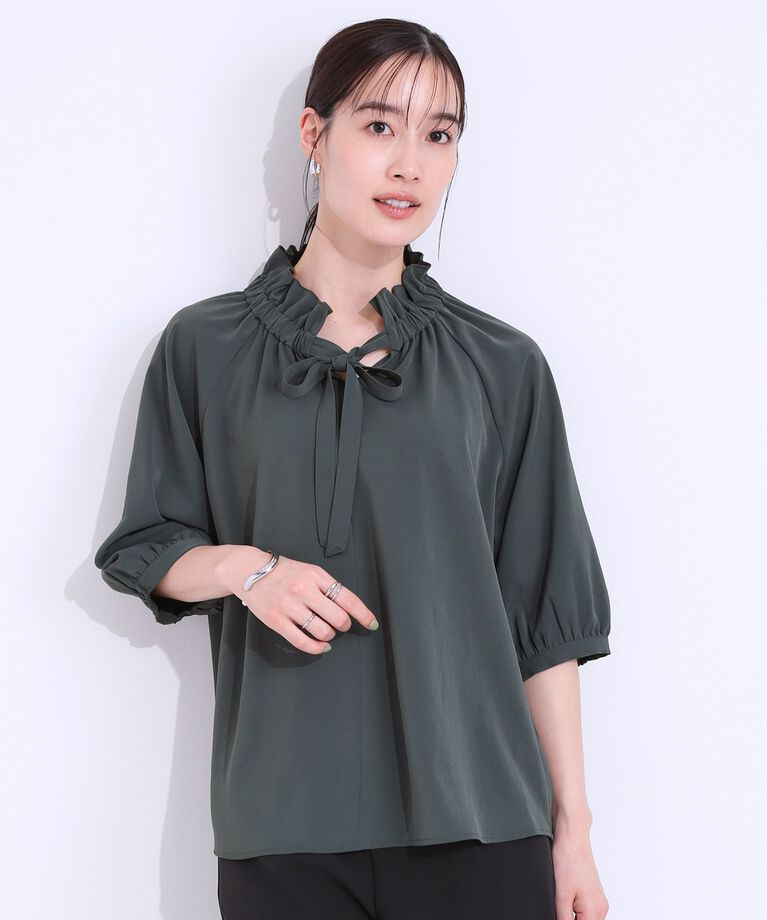 SHOO･LA･RUE「【洗える/接触冷感/S-LL】フェミニンもクールも フリルリボン5分袖ブラウス」|シャツ・ブラウス|