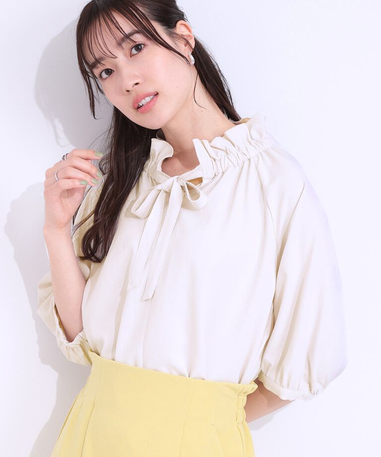 SHOO･LA･RUE「【洗える/接触冷感/S-LL】フェミニンもクールも フリルリボン5分袖ブラウス」|シャツ・ブラウス|ライトベージュ(05
