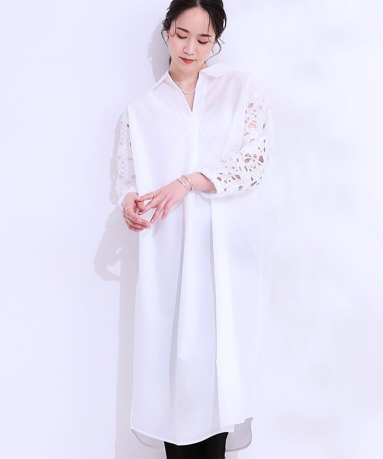 SHOO･LA･RUE「袖レースが上品なシャツワンピース」|ワンピース|オフホワイト(003