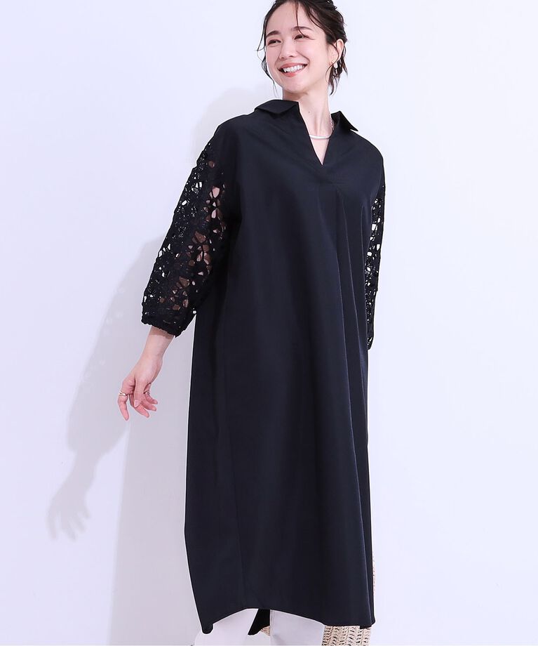 SHOO･LA･RUE「袖レースが上品なシャツワンピース」|ワンピース|ネイビー(094)