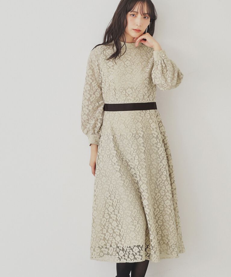 SunaUna「【SS～Lサイズ展開/レオパードレース】スタンドネックワンピース」|ワンピース|ﾍﾞｰｼﾞｭ(052)