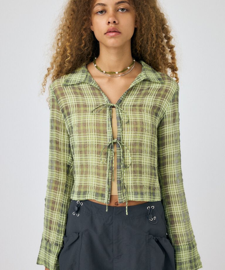 MOUSSY「FRONT TIED CHECK シャツ」|シャツ・ブラウス|L/GRY1