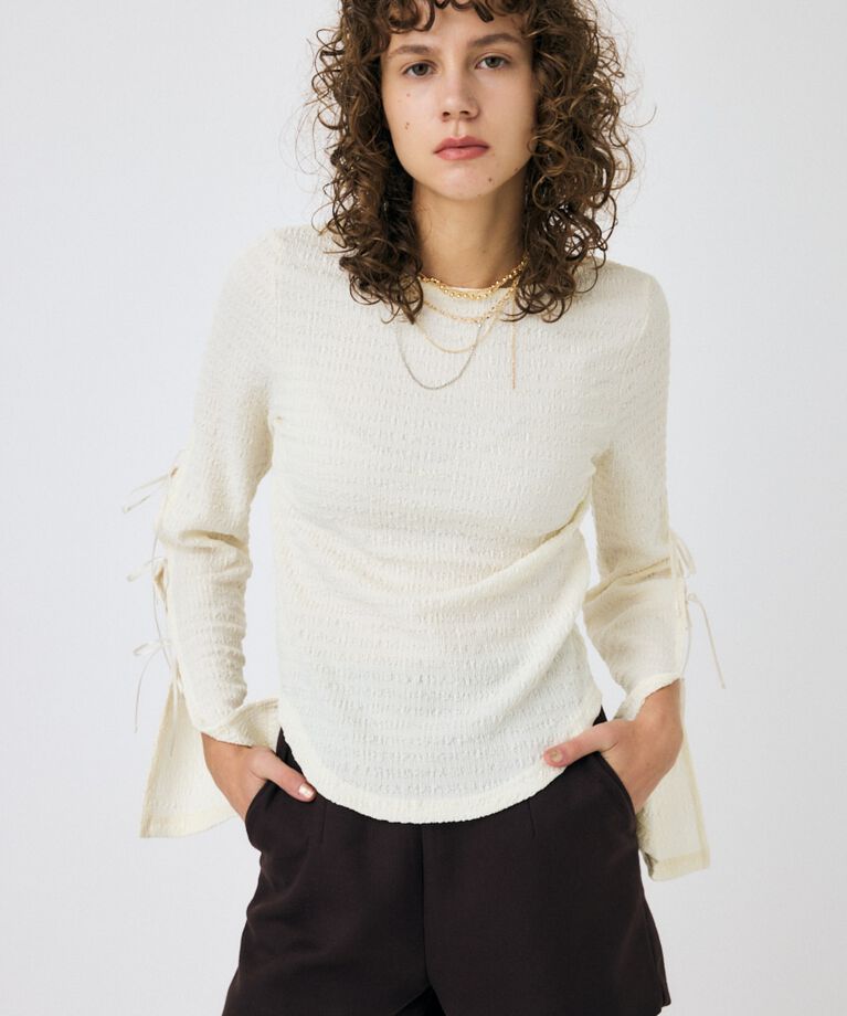 MOUSSY「SLEEVE RIBBON トップス」|Tシャツ・カットソー|O/WHT1